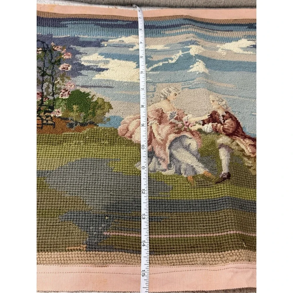 Vintage Hand Needlepoint Tapestry Romantic Courting Couple Wall Panel Unframed